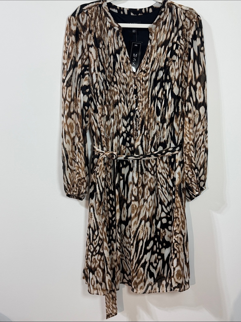MSK Brown Black Cream Animal-Print Long Sleeve w/ Pleated & Botton Down Top -20W